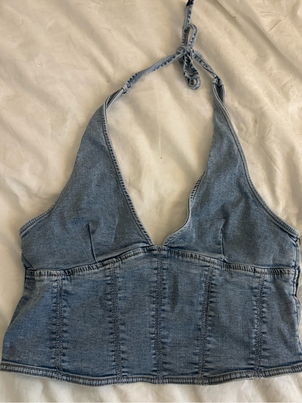 Garage Denim Halter Crop Top - Light Blue